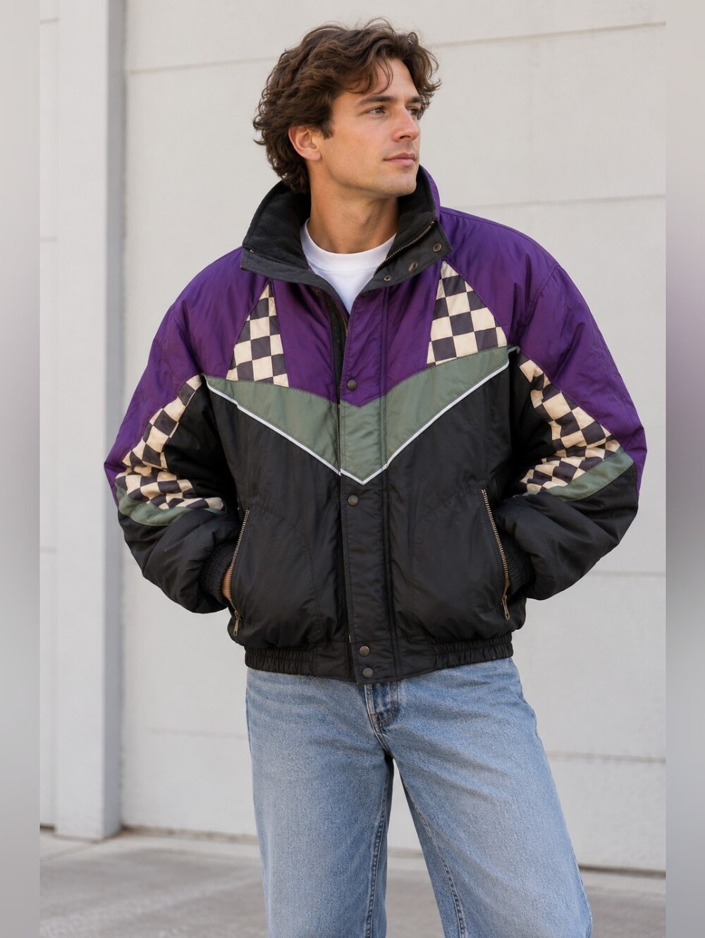 Men's 80s Vintage Snowmobile Purple and Black Puffer Jacket